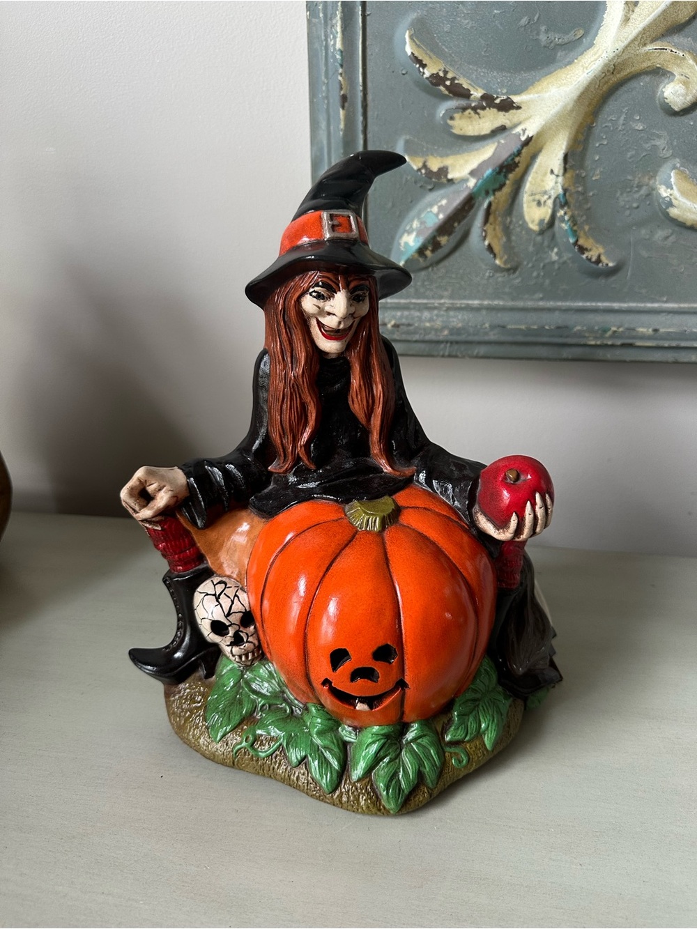Vintage ceramic scioto witch cat Halloween Snow White light decor
